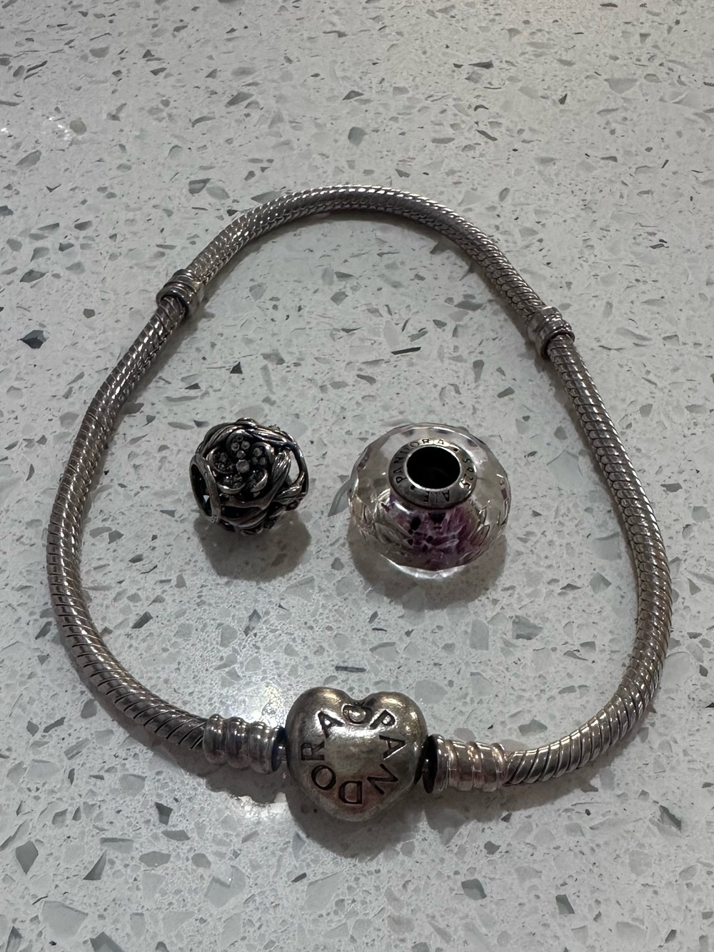Pandora Silver Heart Clasp Snake Chain Bracelet with Two Silver Charms